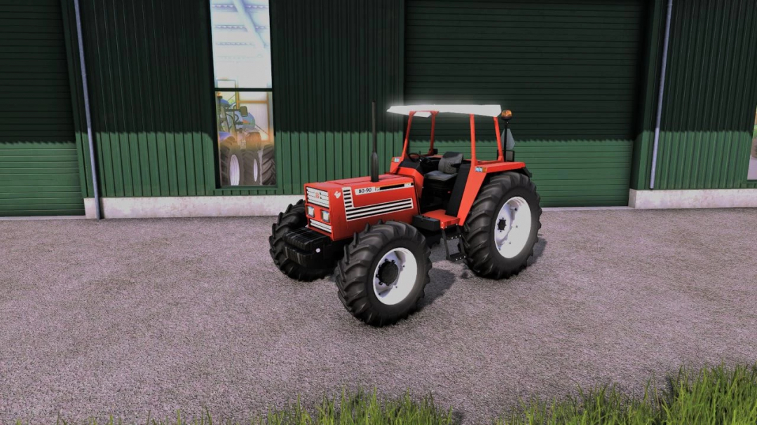 Fiatagri 70-90/80-90 No Cab Series tractor mod in Farming Simulator 25 parked near a barn.