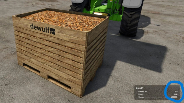 fs25-mods,  FS25 mod: Wooden pallet with 100000L of carrots near a green vehicle in Farming Simulator 25.