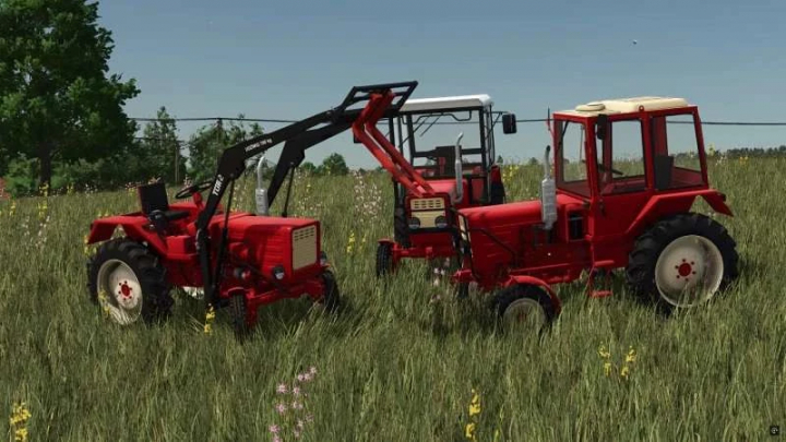 fs25-mods,  Two red tractors in a grassy field, Wlademirec t25 mod in FS25, version 1.1.0.1.