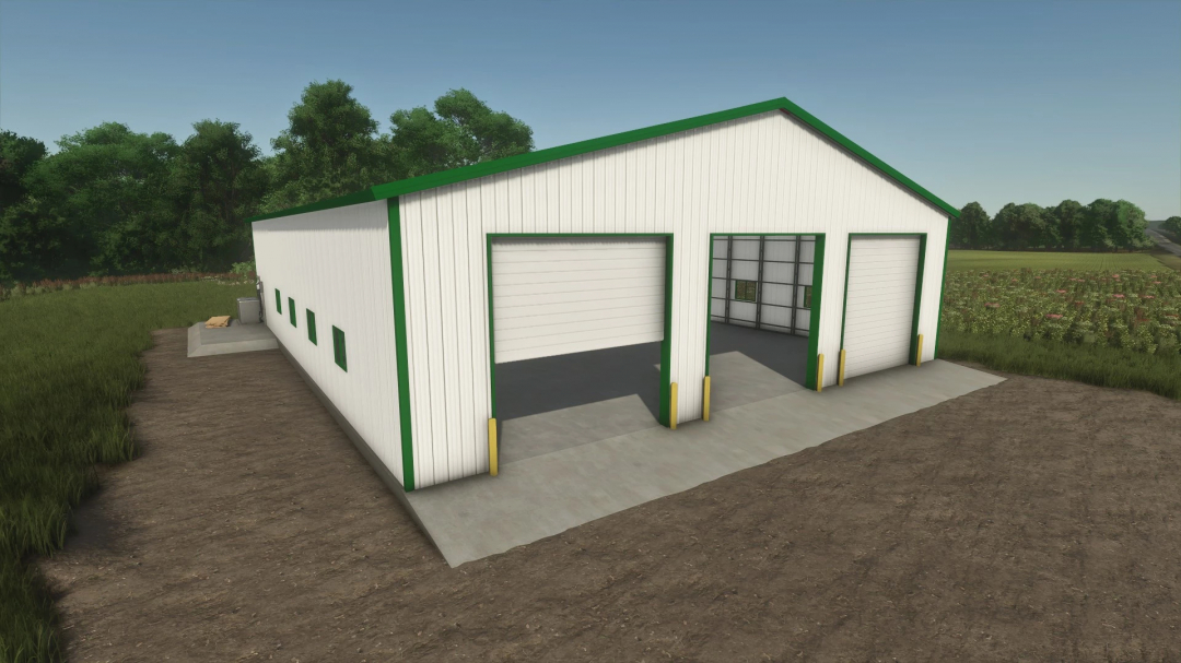 FS25 3 Bay Shop mod for Farming Simulator 25 featuring a white and green building with three large doors, set in a rural landscape.