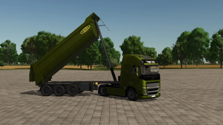 fs25-mods,  Meiller Tipper automatic LiftAchse mod for FS25, showing a green truck with raised tipper on a paved lot.