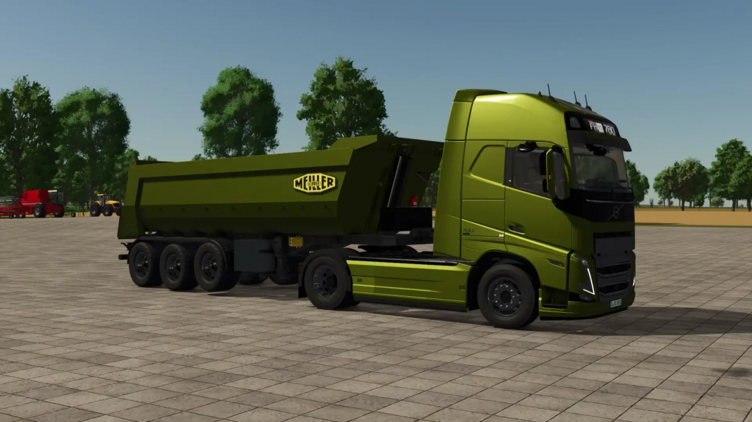 FS25 mod Meiller Tipper with automatic lift axle in a park. Farming Simulator 25 truck mod.