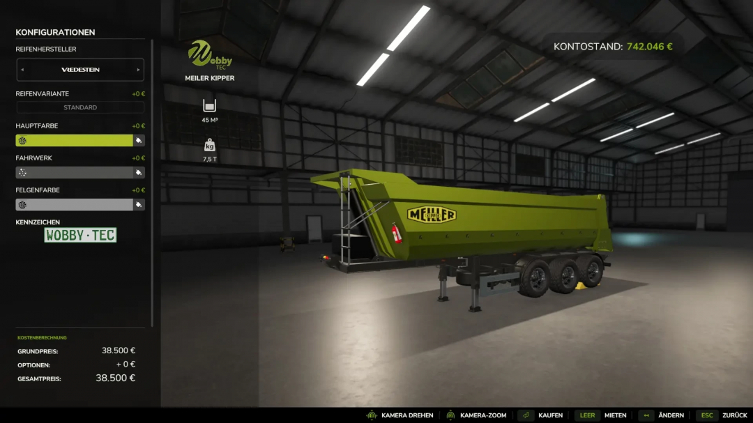 FS25 mod Meiller Tipper automatic LiftAchse v1.0.0.0 displayed in a warehouse with customization options.