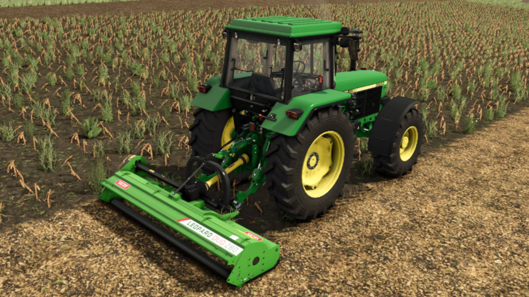 FS25 mod Talex Leopard Duo 280 v1.0.0.0 attached to green tractor in field