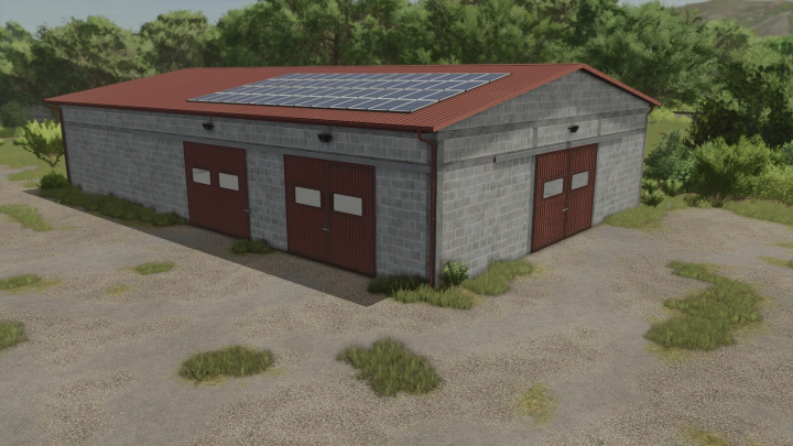 fs25-mods,  Garage 40x19 mod in FS25, featuring a brick structure with a red roof and solar panels.