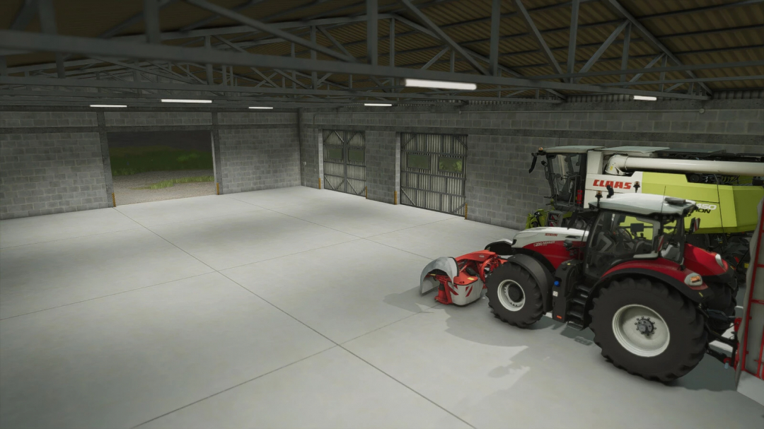 FS25 mod Garage 40x19 v1.0.0.0 with tractors inside, showcasing spacious interior in Farming Simulator 25.