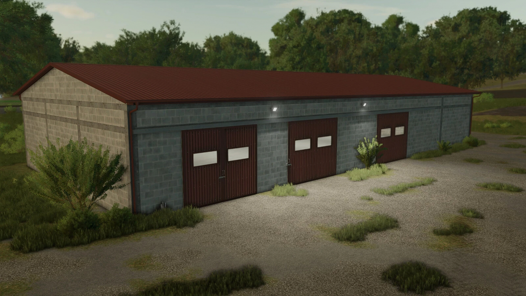 Garage mod 40x19 in Farming Simulator 25, featuring a large brick structure with three brown garage doors in a rural setting.