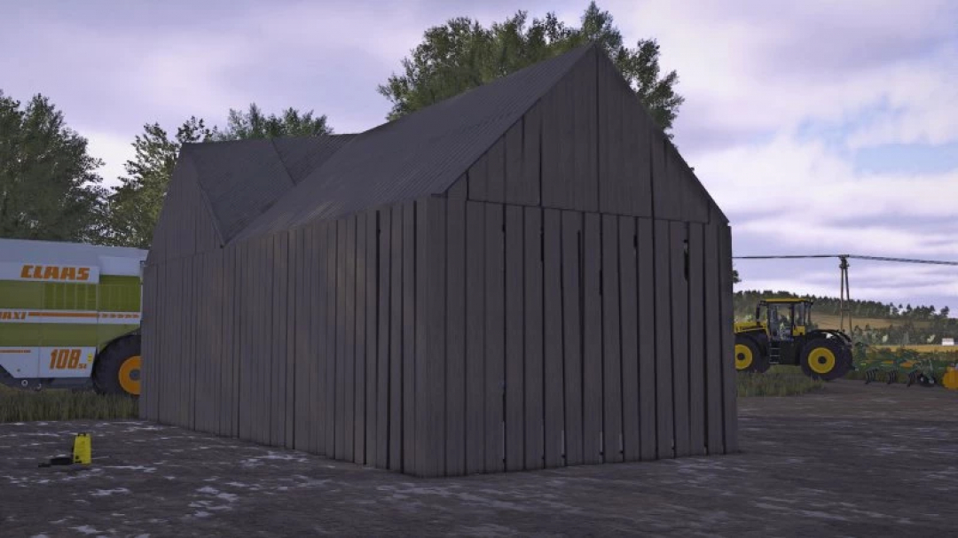 FS25 Barn v1.0.0.0 mod for Farming Simulator 25, showing a rustic wooden barn in a farm setting.