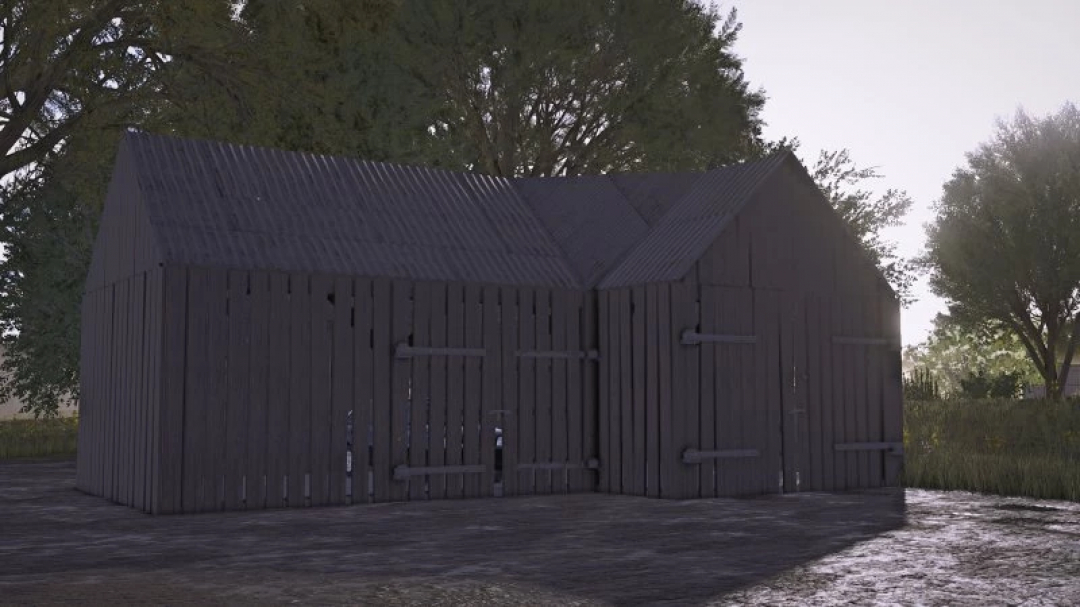 FS25 Barn mod in Farming Simulator 25 showcasing a rustic wooden structure surrounded by trees.