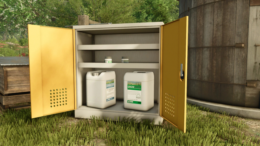 Open chemicals cabinet in FS25 mod, showing containers of Grow More and Chwaster on the shelves, surrounded by greenery.