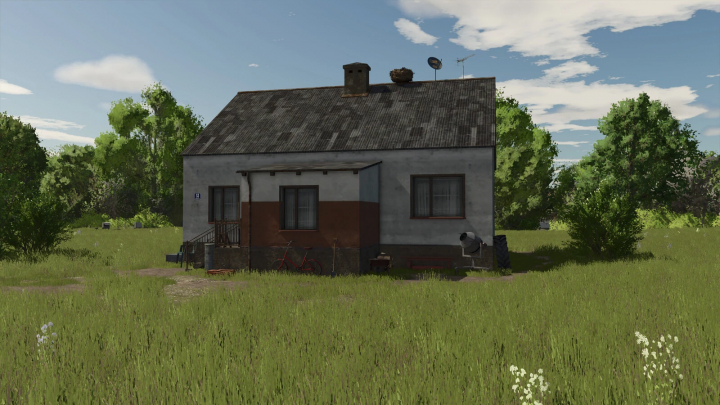 fs25-mods, A rustic Polish house mod for Farming Simulator 25, featuring a weathered exterior and rural setting. FS25 mods enhance realism.