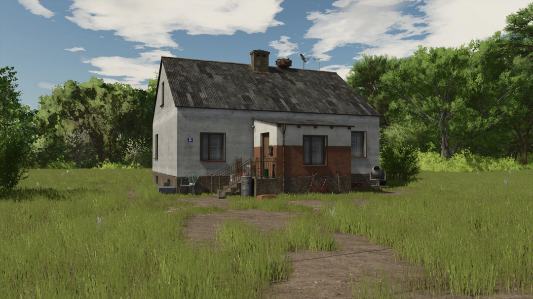 Polish House mod for Farming Simulator 25, showcasing a rustic house in a grassy field.