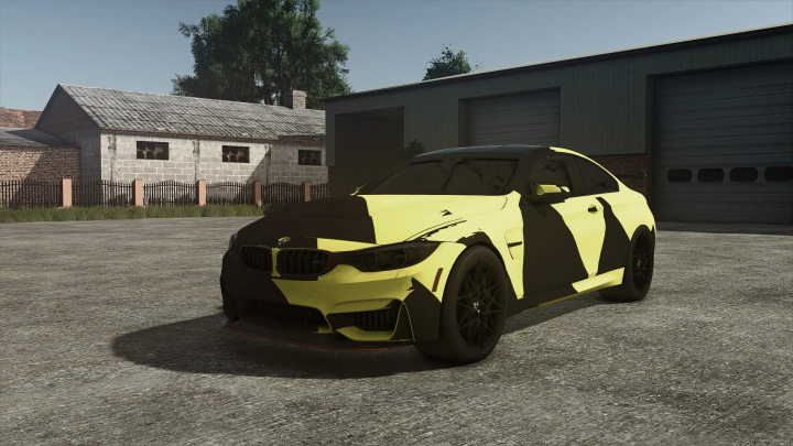 fs25-mods, BMW M4 GTS mod in yellow and black in Farming Simulator 25, parked beside a garage.