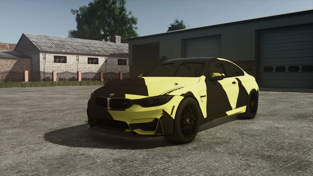 BMW M4 GTS mod in yellow and black in Farming Simulator 25, parked beside a garage.