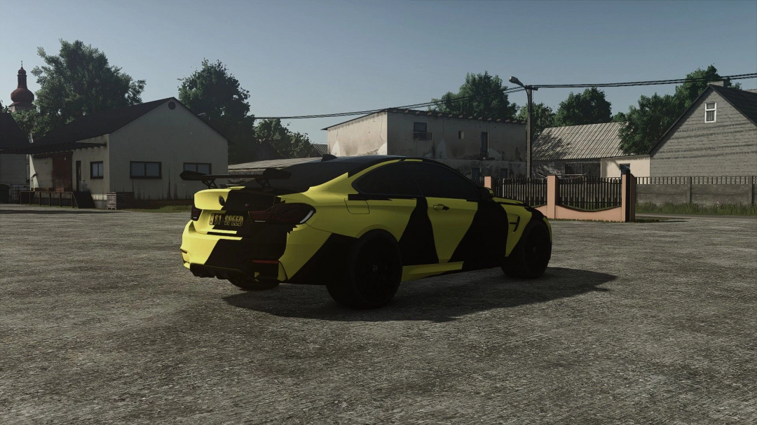 FS25 mod BMW M4 GTS v1.0.0.0 in a rural setting, showcasing a yellow and black sports car parked on a farm.