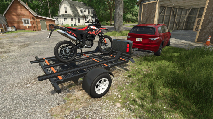 fs25-mods,  FS25 mod Marlon MC3 v1.0.0.0 with dirt bike on trailer, parked by red car and barn.