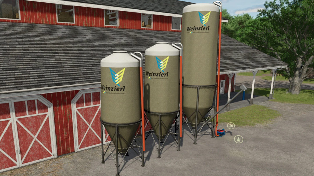 Weinzierl Silo Pack in Farming Simulator 25 mod, featuring three silos beside a barn.