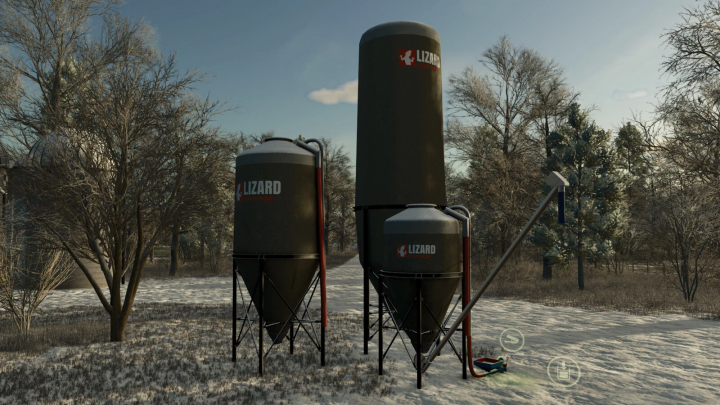 fs25-mods, FS25 mods: Lizard Silo Pack v1.0.0.0 with three silos in a snowy landscape.