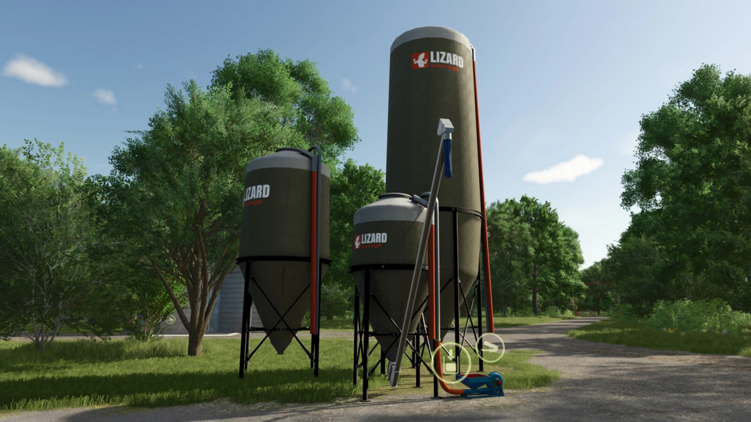 Lizard Silo Pack in FS25 mod with large storage silos set among trees.