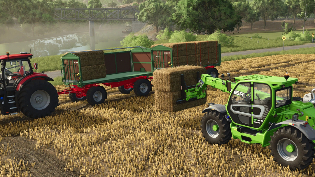 FS25 mod Rudolph/Welger DK 280 RP with tractors and hay bales in a field.