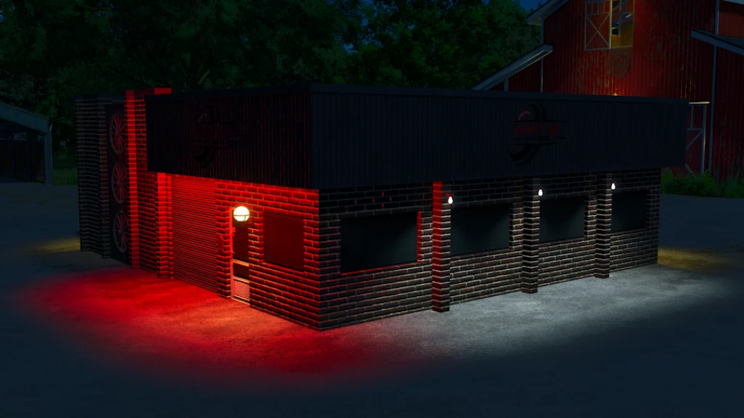 Farming Simulator 25 mod: FS25 Henrys Tire v1.0.0.0, digital art of a brick building with red lights highlighting the structure at night.