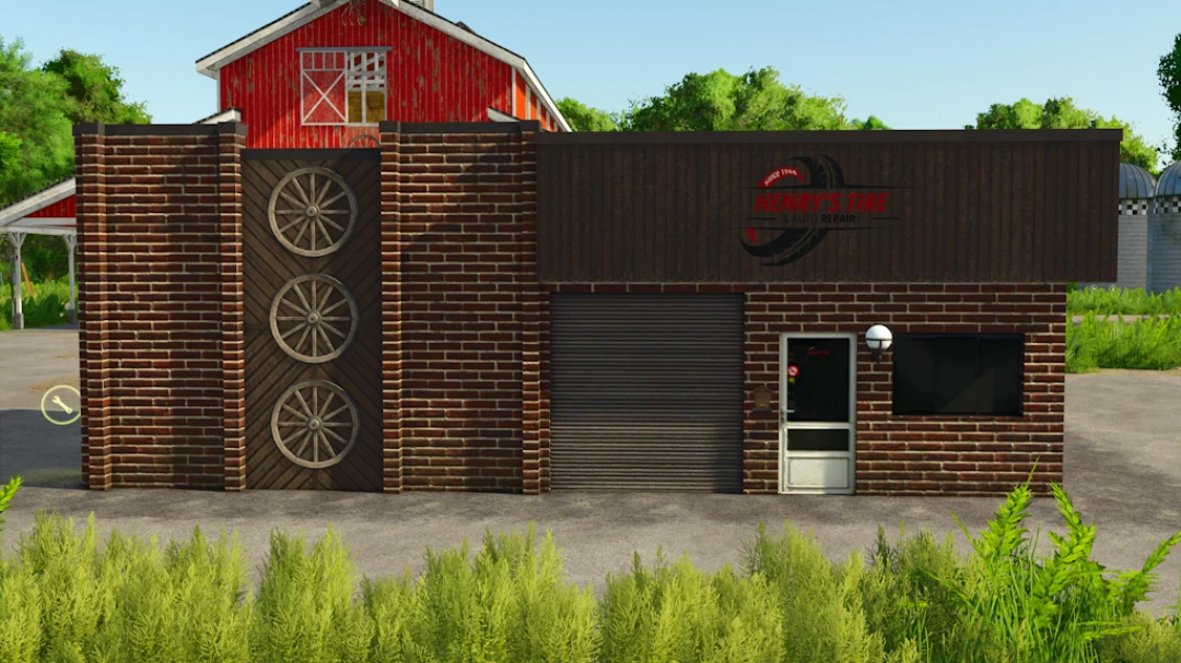Image of Henry's Tire repair shop in Farming Simulator 25 mod, featuring a brick building with wheel decorations and a Henry's Tire logo.