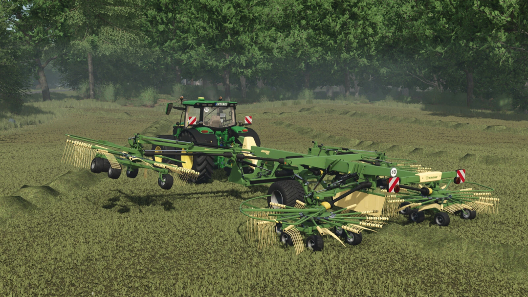 Farming Simulator 25 mod: Krone Swadro TC 1370 implement attached to a tractor for mowing in the game.