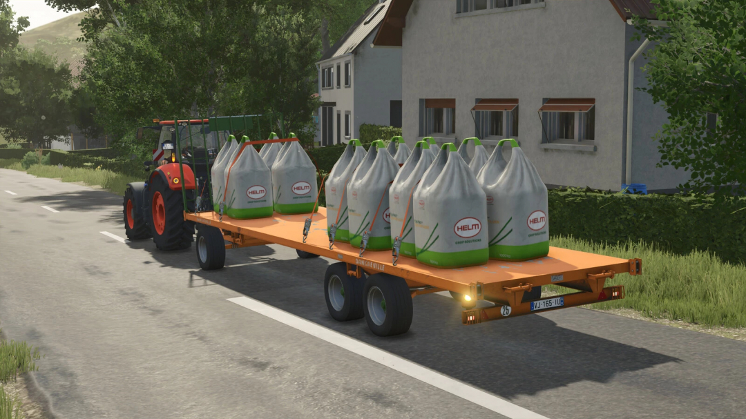 Farming Simulator 25 mod featuring a Bale Trailer Dangreville v1.0.0.0 carrying crop bags on the road.