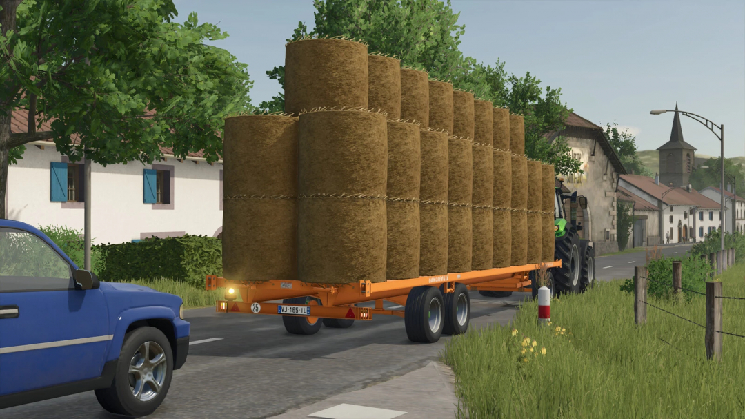 Farming Simulator 25 mod showing a bale trailer loaded with hay bales on a rural road.