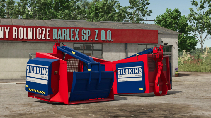 fs25-mods, Farming Simulator 25 mod: Siloking EA 2300 mixing station for FS25, blue and red color, detailed industrial equipment, outdoor farm setting.