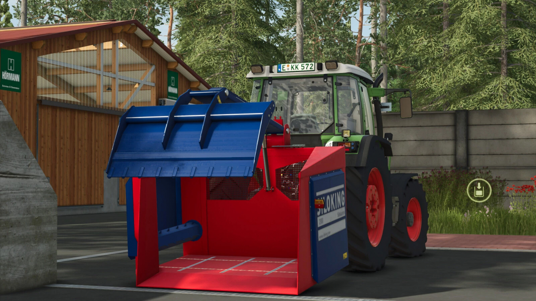 Farming Simulator 25 mod featuring the Siloking EA 2300, a red and blue feed mixer on a farm with trees and a wooden shed in the background.