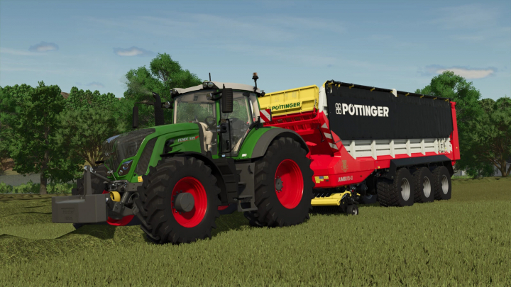 fs25-mods,  Farming Simulator 25 mod: Green Fendt 939 tractor with Pöttinger Jumbo 8540 DB trailer on a field.