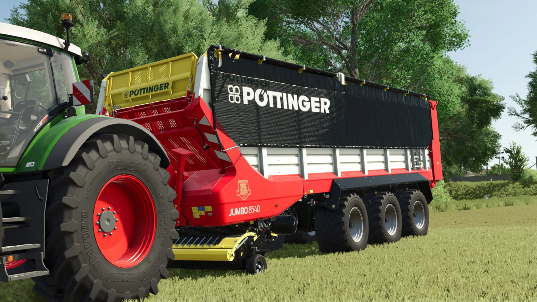 Farming Simulator 25 mods: Pöttinger Jumbo 8540 DB manure or forage harvester in a field beside trees.