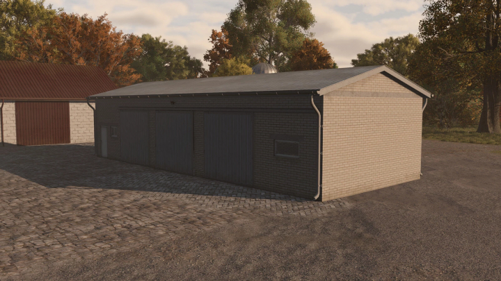fs25-mods, Garage 18x7 v1.0.0.1 in Farming Simulator 25, a brick building with grey metal doors and a cobblestone driveway, part of FS25 mods.