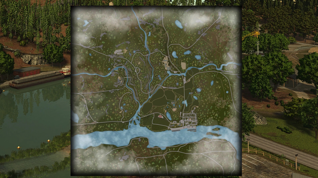 Map of Farming Simulator 25 showcasing the AgroForests v1.0.0.0 mod with rivers, lakes, and roads in FS25.
