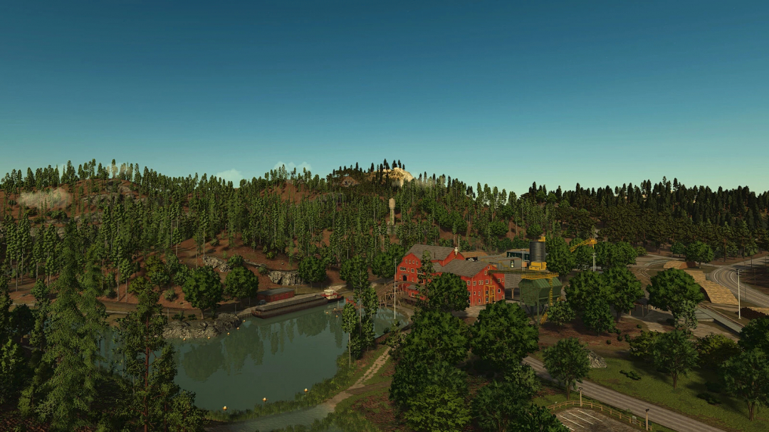 Scenic view of a rural landscape with a factory, water body, and forested hills in Farming Simulator 25 with AgroForests mod.