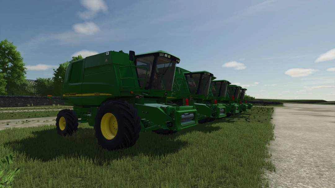 Farming Simulator 25 mods: Five John Deere Walker combines parked on a field in FS25 game screenshot.