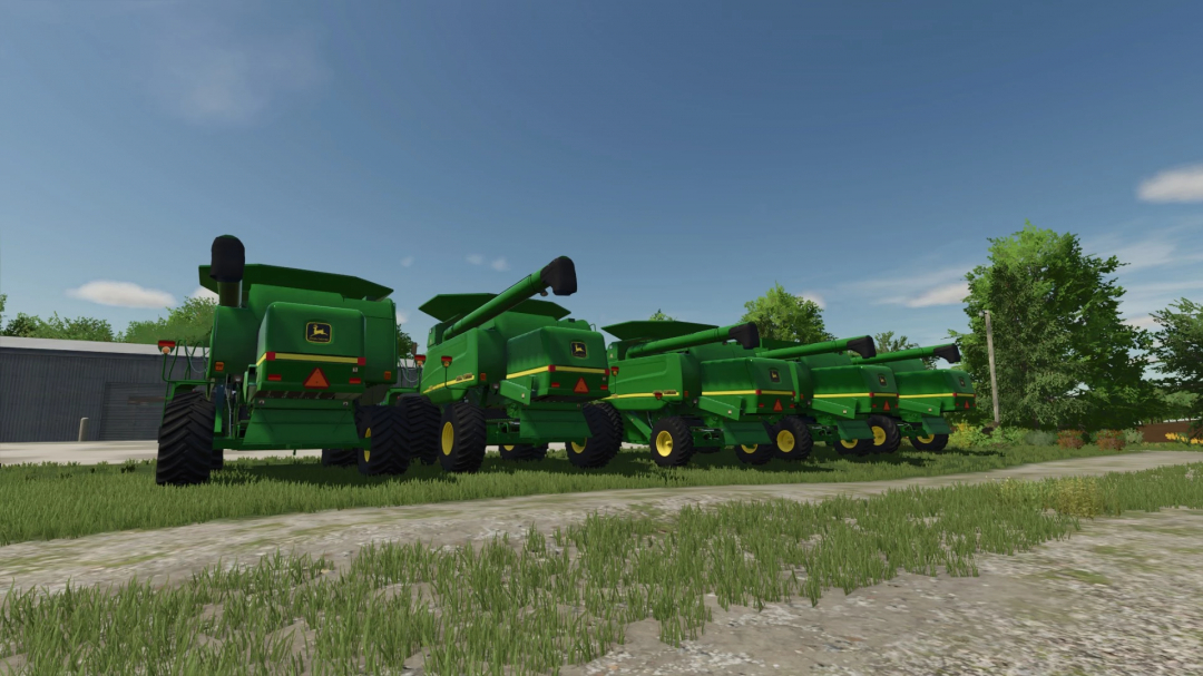 Group of John Deere Walker Combine harvesters in Farming Simulator 25, showcasing the FS25 John Deere Walker Combines v1.0.0.0 mod.