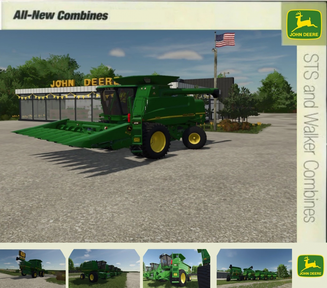 Farming Simulator 25 mods: FS25 John Deere Walker Combines v1.0.0.0 displayed with a green John Deere combine at a farm.